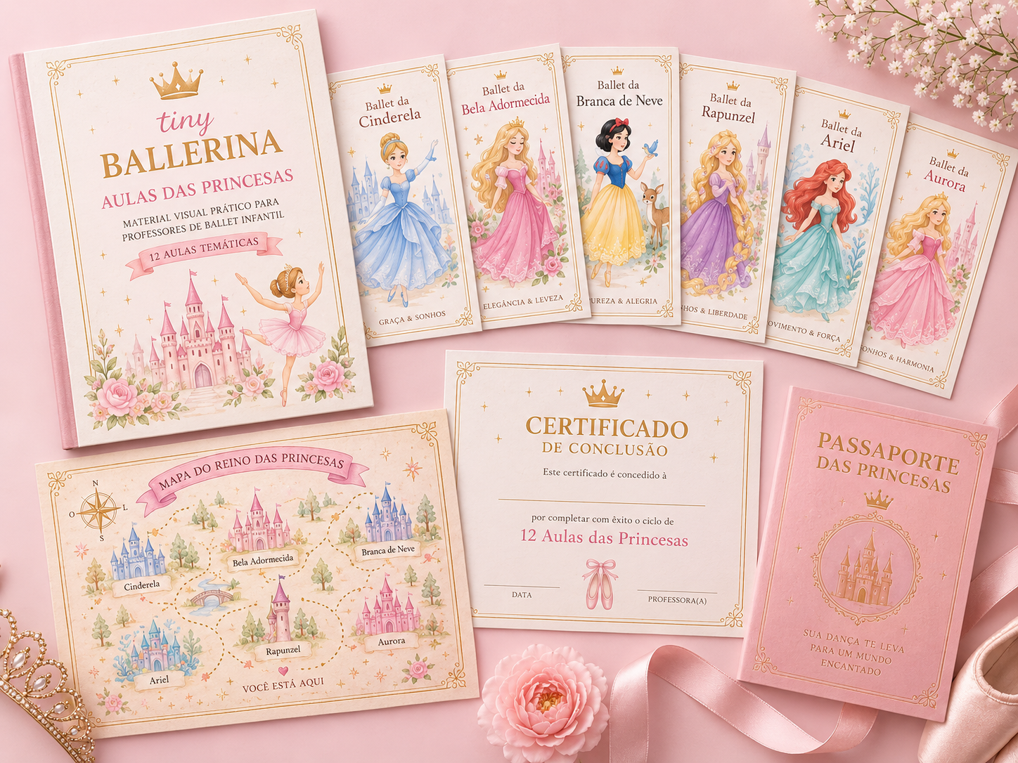 Materiais impressos do Ballet das Princesas: planos de aula, cards, certificado, mapa e passaporte